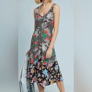 Maeve by Anthropologie Violette Mixed Black Floral Midi Tank Dress Size US 00